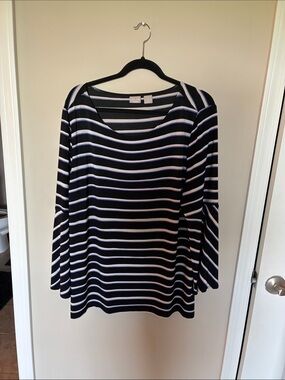 Chico's Navy and White Striped Long Sleeve Tee